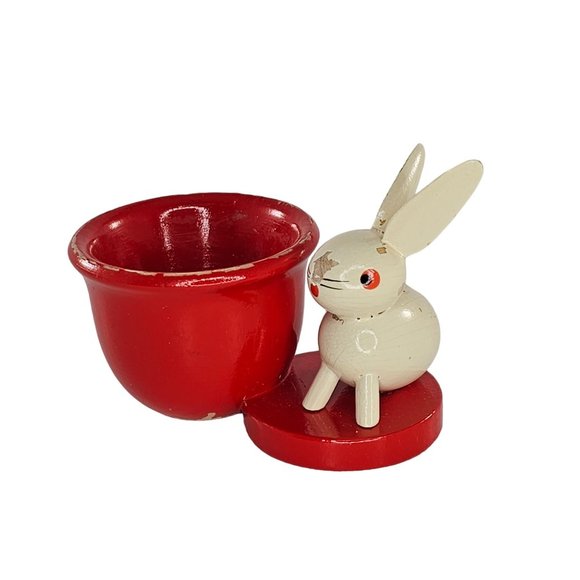Vintage Veb Holzwaren Germany Wooden Egg Cup Bunny Rabbit - Picture 10 of 10